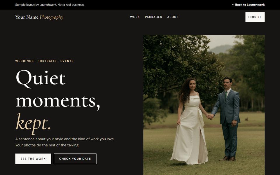 Photographer sample: a dark, minimal hero with a large serif headline beside a photo of a couple walking