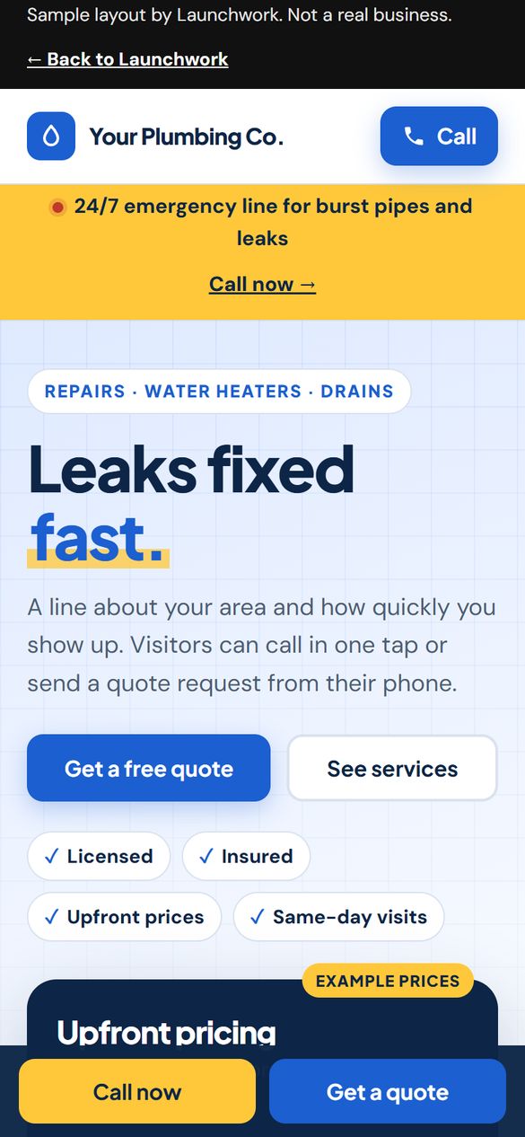 Sample plumbing site on a phone, with a call bar at the bottom